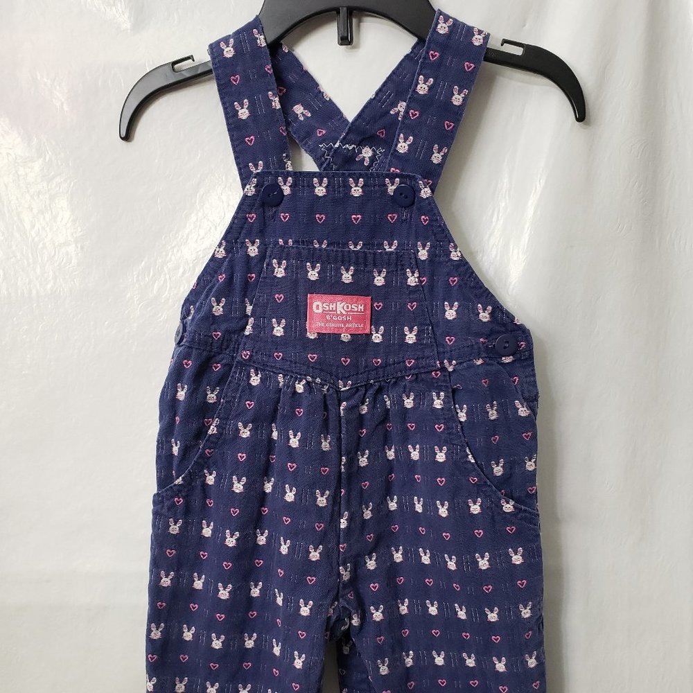 Vintage OshKosh Vestbak Bunny Overalls 6 9 month Denim Jean Heart Baby Rabbit - Picture 1 of 8